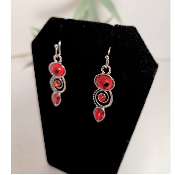 Elegant Red and Silver Tone Dangle Earrings - Picture 2 of 5
